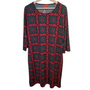 Tracy Negoshian Tunic Dress XL Red Green Geometric Three Quarter Sleeve Holiday